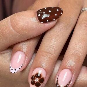 Brown and Pink Polka Dot Nail Art
